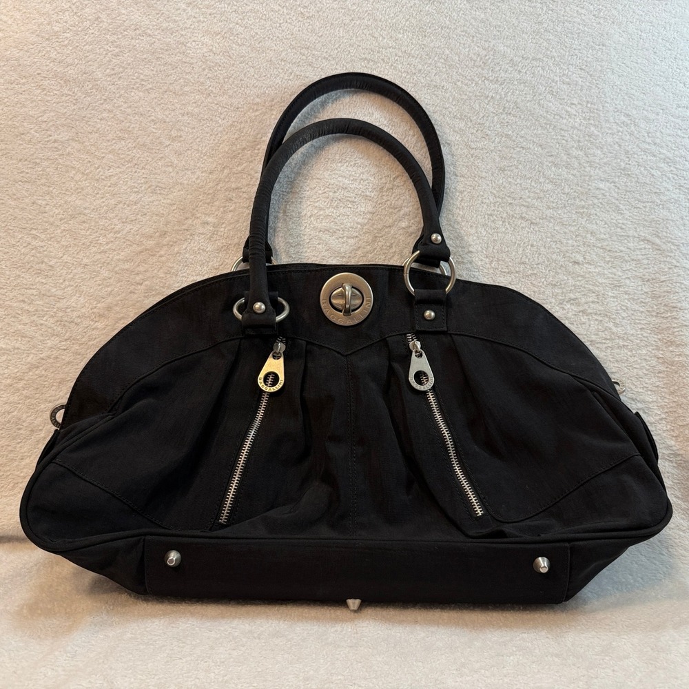 Baggallini Shanghai Black Nylon Satchel Handbag Silver Turn Lock Large Tote
